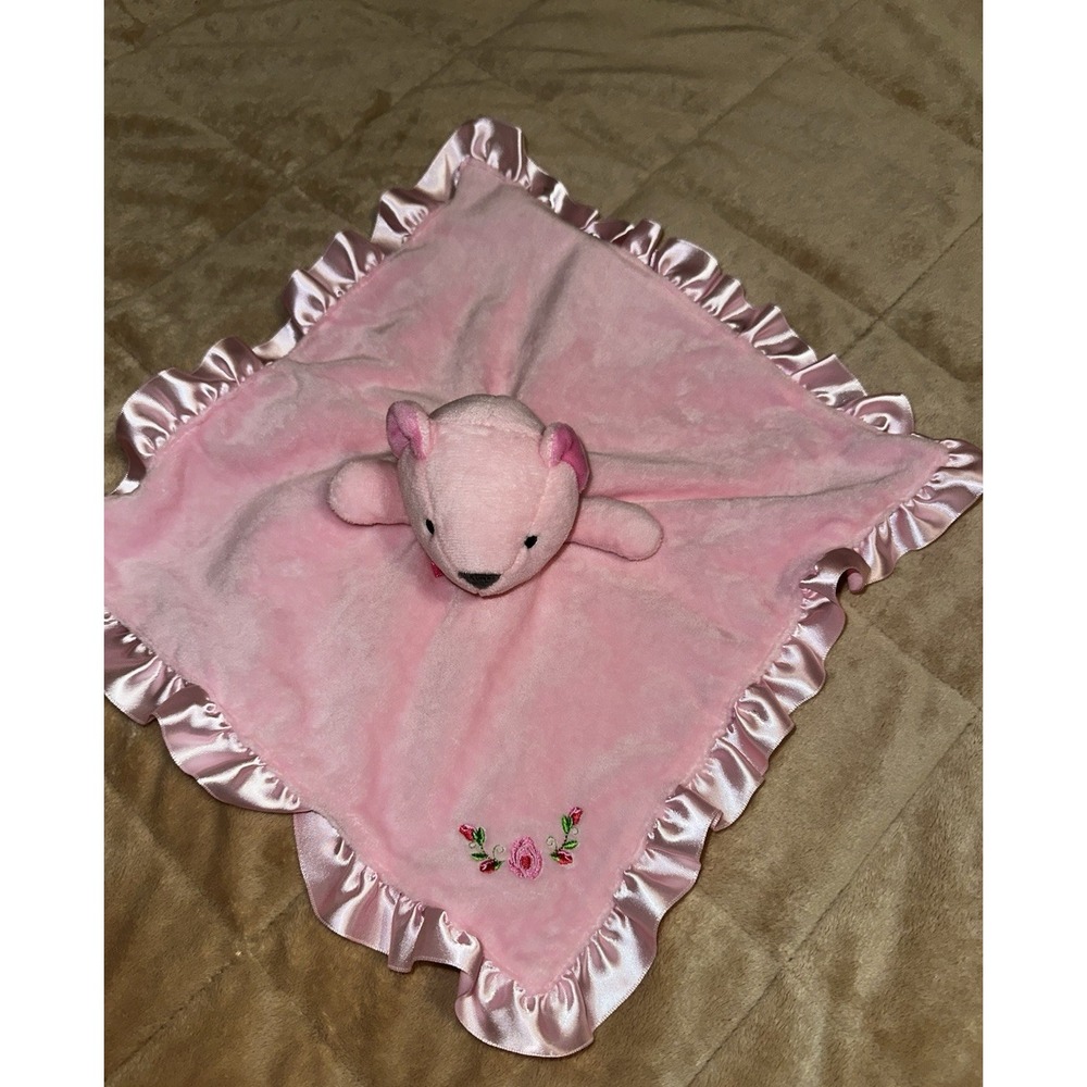 Stepping Stones Lovey Pink Bear 13x13 Embroidered Soft Satin 13x13 Security